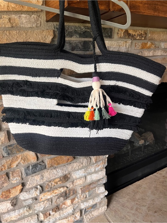 Stella & Dot Handbags - Stella & Dot Black & White Striped Fringe Tote Bag with Colorful Tassels